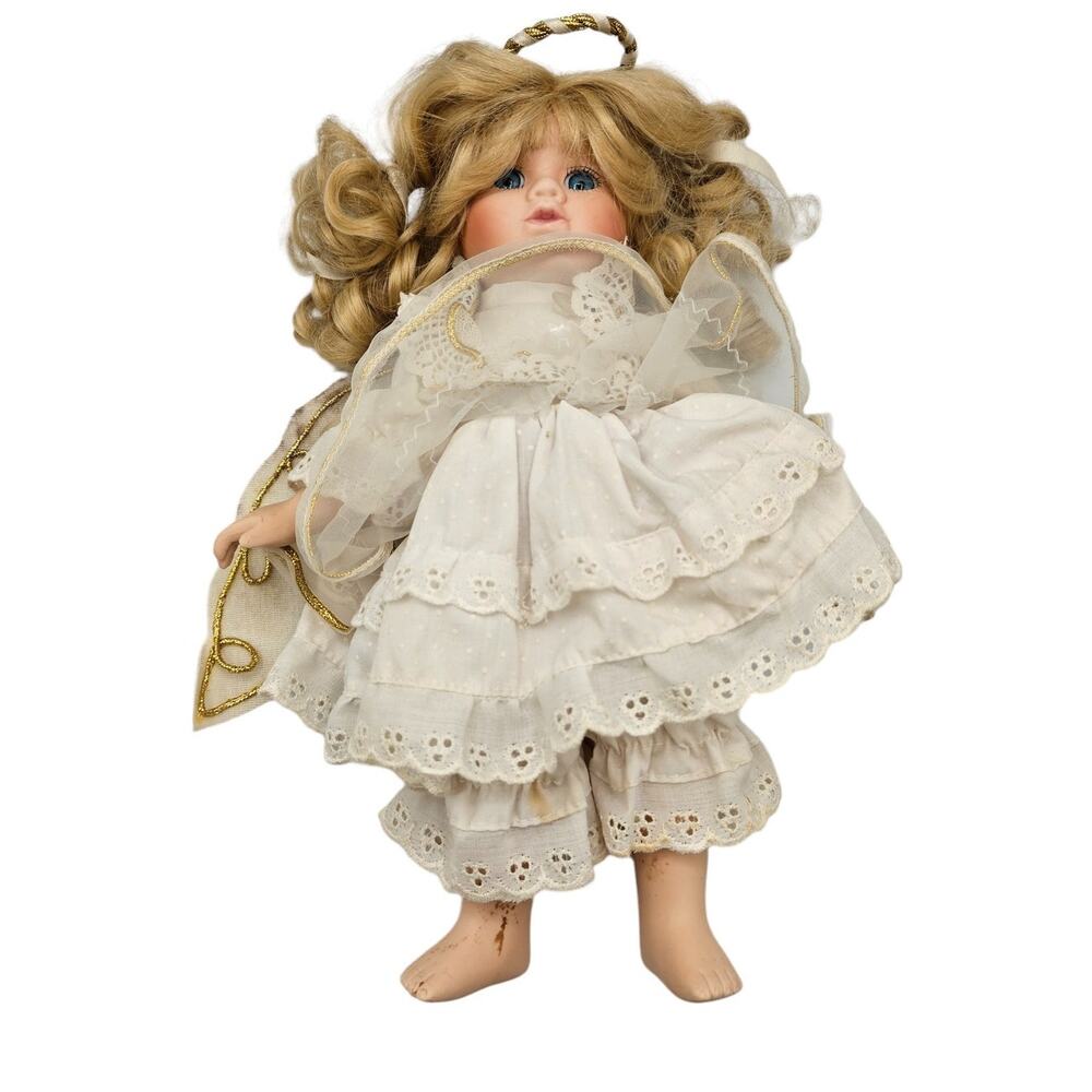 Vintage 1990s Porcelain Doll Angel Holiday Christmas Gold White